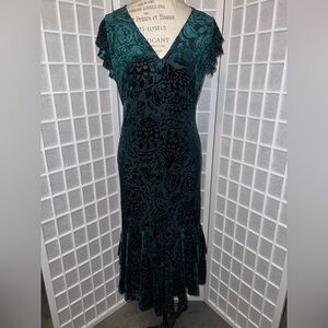 Teal & Black Velvet Midi Dress – Flutter Sleeve